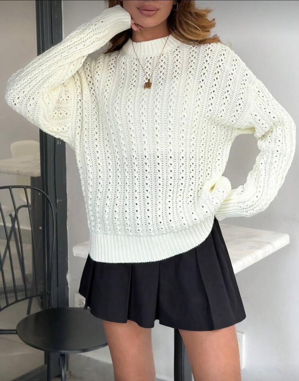 Pull Ajouré Blanc en Maille Tricotée
